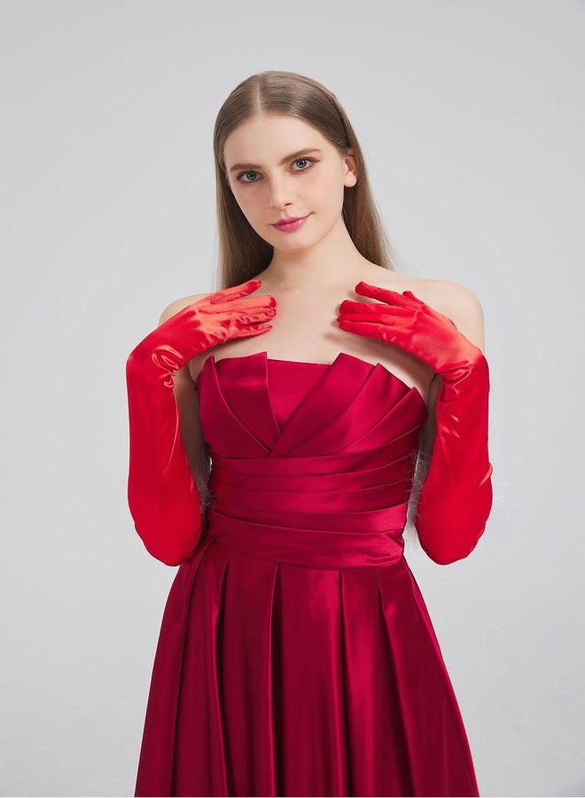 sodknow Long Red Satin Gloves with Feathers Women Costume Long Red Gloves Elbow Length for Opera Halloween Christmas Outfits Cosplay 1920s Gatsby Party Masquerade Balls Formal Evening Vintage Flapper Dress up - Image 3